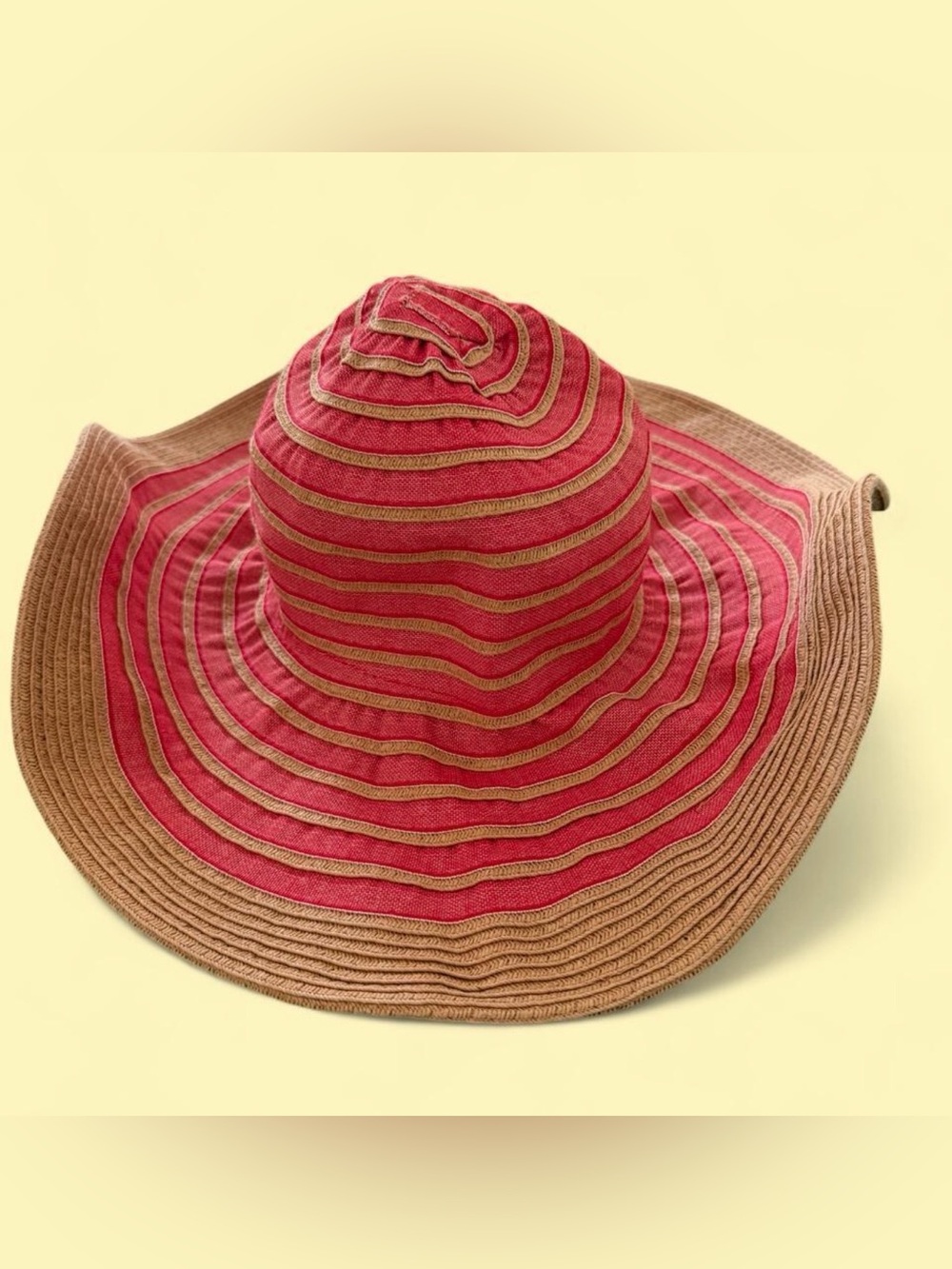 Wide Brim Striped Sun Hat - Pinkish Red and Tan
